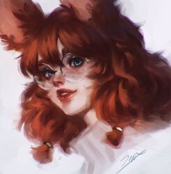 1girl animal_ears aurora_(league_of_legends) blue_eyes close-up cropped_shoulders freckles glasses highres league_of_legends painterly pale_skin parted_lips rabbit_ears rabbit_girl red_hair red_lips round_eyewear simple_background solo sophyucha sweater turtleneck turtleneck_sweater white_background white_sweater