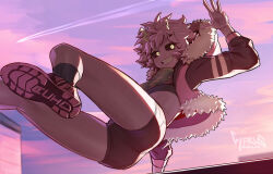 1girl aircraft airplane ashido_mina ass bike_shorts black_sclera black_socks boku_no_hero_academia bra breasts building camouflage camouflage_bra colored_sclera colored_skin contrail cyfrus english_text foreshortening grin hood horns jacket letterman_jacket midriff parkour pink_footwear pink_hair pink_skin roof rooftop shoes small_breasts smile socks sports_bra sunset teeth thighs underwear yellow_eyes