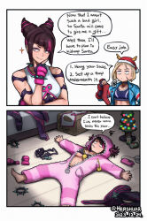 2girls alcohol antlers aqua_nails artist_name barefoot beer blonde_hair bra bracelet breasts cammy_white charger christmas christmas_stocking christmas_tree collar commentary dated english_commentary english_text eyeshadow fingerless_gloves gloves hair_horns hair_over_one_eye han_juri hat hershuar horns jewelry lying makeup multicolored_hair multiple_girls navel on_back phone purple_eyes purple_eyeshadow reindeer_antlers santa_hat spiked_bracelet spiked_collar spikes street_fighter street_fighter_6 talking_to_self two-tone_hair underwear