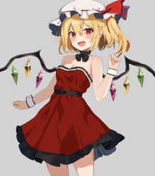 1girl absurdres bare_shoulders bat_wings blonde_hair breasts crystal dress flandre_scarlet hat hat_ribbon highres medium_breasts mob_cap multicolored_wings neck_ribbon ody_kishi open_mouth red_dress red_eyes red_skirt ribbon side_ponytail skirt smile solo touhou wings