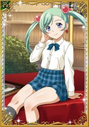 1girl aqua_eyes black_socks blue_eyes bow card_(medium) day feet_out_of_frame female_focus food hair_bobbles hair_ornament hand_on_own_face ikkitousen legs long_sleeves looking_at_viewer magatama official_art outdoors plate shiny_skin shirt shirt_tucked_in shokatsuryou_koumei sitting skirt smile socks solo swept_bangs white_shirt