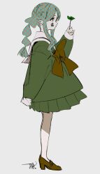 1girl facial_mark flower from_side full_body green_hair green_serafuku green_shirt green_skirt grey_background high_heels highres holding holding_flower long_hair long_sleeves original pleated_skirt profile sailor_collar school_uniform serafuku shirt shoes signature simple_background skirt solo standing variant_set yu_(stdio_nameraka)