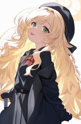 1girl black_coat black_hat black_sailor_collar black_shirt black_skirt blonde_hair blue_archive blush cane coat fluffy_hair green_eyes hair_between_eyes hat head_tilt highres holding holding_cane kuchisode long_hair looking_at_viewer professor_niyaniya_(blue_archive) sailor_collar shirt sidelocks skirt tongue tongue_out