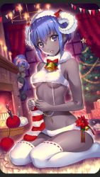 1boy 2girls assassin_(fate/zero) bare_arms bare_shoulders basket bauble bell black_skin blush bow bowtie breasts candle cat christmas_ornaments christmas_tree colored_skin commentary_request craft_essence_(fate) curtains dark-skinned_female dark_skin extreme_crop_top fate/grand_order fate/prototype fate/prototype:_fragments_of_blue_and_silver fate/stay_night fate/zero fate_(series) female_assassin_(fate/zero) fire fireplace forehead fur_collar gift hassan_of_serenity_(fate) hassan_of_serenity_(merry_sheep)_(fate) hassan_of_the_cursed_arm_(fate) highres horns indoors knitting knitting_needle kunai lips looking_at_viewer mask medium_breasts multiple_girls navel needle nishimura_eri no_shoes panties parted_bangs peeking_out ponytail purple_eyes purple_hair red_bow red_neckwear ribbon-trimmed_legwear ribbon_trim sheep_horns sidelocks sitting socks solo_focus stomach striped_clothes striped_legwear striped_socks tareme thighhighs thighs underboob underwear underwear_only wariza weapon white_legwear white_panties window