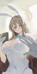 1girl akane_(blue_archive) akane_(bunny)_(blue_archive) animal_ears aqua_bow aqua_bowtie black-framed_eyewear blue_archive blue_bow blue_bowtie book bow bowtie breasts brown_hair brown_halo brown_shawl cleavage detached_collar fake_animal_ears glasses gloves halo highres holding holding_book koyuuuuuuuuuuu large_breasts leotard long_hair looking_at_viewer official_alternate_costume open_mouth plaid_clothes plaid_shawl playboy_bunny rabbit_ears shawl smile solo strapless strapless_leotard traditional_bowtie upper_body white_gloves white_leotard