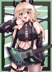 1girl absurdres animal_ears armpit_crease bare_shoulders black_eyeliner black_skirt black_sleeves blonde_hair breasts cleavage ddrawins detached_sleeves electric_guitar eyeliner fang finger_in_own_mouth fishnet_thighhighs fishnets garter_straps green_eyes guitar guitar_strap hair_flaps hair_ornament hair_tie high_ponytail highres indie_virtual_youtuber instrument long_hair looking_at_viewer makeup navel nimi_nightmare open_mouth pantyhose ponytail runny_makeup skirt solo tapir_ears thighhighs tongue torn_clothes torn_pantyhose x_hair_ornament
