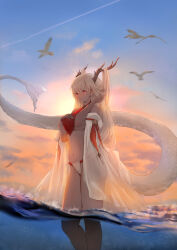 1girl absurdres azur_lane bare_shoulders bird breasts dragon_girl dragon_horns dragon_tail evening feet_out_of_frame from_side fundoshi hair_on_horn hand_on_own_chest highres horns japanese_clothes large_breasts large_tail long_hair looking_at_viewer luowang official_alternate_costume partially_underwater_shot red_eyes red_fundoshi see-through_clothes shimanto_(azur_lane) shimanto_(the_relaxing_dragon_god)_(azur_lane) solo standing tail white_bird white_hair white_tail