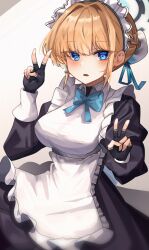 1girl apron black_gloves blonde_hair blue_archive blue_eyes blue_halo blush breasts double_v gloves halo highres large_breasts long_sleeves looking_at_viewer maid maid_apron maid_headdress open_mouth partially_fingerless_gloves poko050498 ribbon solo toki_(blue_archive) v