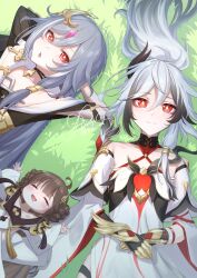 Rule 34 | 3girls, absurdres, arms behind head, birthday, black hair, book of fuxi, braid, braided bun, brown hair, closed mouth, commentary, diamond-shaped pupils, diamond (shape), double bun, drooling, english commentary, fu hua, fu hua (crane of taixuan), fu hua (fenghuang of vicissitude), fu hua (garuda), herrscher of sentience, grey hair, hair bun, hands on own stomach, highres, honkai (series), honkai impact 3rd, long hair, lying, mouth drool, multicolored hair, multiple girls, on back, on grass, open mouth, ponytail, red eyes, rinna (xxrinna), smile, streaked hair, symbol-shaped pupils, two-tone hair, white hair