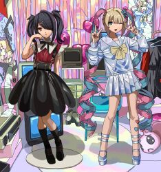 0ne_back 2girls ;d ame-chan_(needy_girl_overdose) bag bandaid bandaid_on_leg black_boots black_eyes black_hair black_socks blonde_hair blue_eyes blue_hair blue_serafuku blunt_bangs boots character_doll chest_bow chouzetsusaikawa_tenshi-chan clothes_hanger clothes_rack contrapposto crt doll double_v drawer full_body hair_ornament hair_over_one_eye hand_on_own_chin head_tilt knees_together_feet_apart looking_at_viewer messy_room multiple_girls neck_ribbon needy_girl_overdose one_eye_closed open_mouth pien_cat_(needy_girl_overdose) pink_hair platform_shoes poster_(object) quad_tails red_shirt ribbon rug school_uniform serafuku shirt short_twintails sidelocks skirt smile socks suspender_skirt suspenders television twintails v winged_sleeves x_hair_ornament