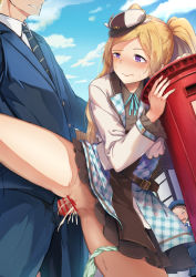 1boy 2girls akino_komichi aqua_dress aqua_ribbon bar_censor belt belt_buckle blonde_hair blue_headwear blue_jacket blue_neckwear blue_pants blue_sky blush brown_dress buckle buttons cabbie_hat censored closed_mouth clothed_sex clothes_lift cloud collared_dress collared_shirt constricted_pupils cowboy_shot cropped_jacket cum cum_in_pussy cum_overflow day dress dress_lift dutch_angle ejaculation emily_stewart fake_horns fingernails frilled_sleeves frills from_below green_panties groin half-closed_eye hands_up hat hat_with_ears height_difference hetero highres horned_headwear horns idolmaster idolmaster_(classic) idolmaster_million_live! idolmaster_million_live!_theater_days jacket layered_dress leaning_on_object leather_belt leg_up long_hair long_sleeves looking_at_another looking_away mailman minase_iori mini_hat multiple_girls neck_ribbon necktie nose_blush open_clothes open_fly open_jacket open_mouth out_of_frame outdoors panties panties_around_leg pants parted_bangs penis plaid_clothes plaid_dress postbox_(outgoing_mail) public_indecency purple_eyes pussy ribbon sex shirt sky solo_focus standing standing_on_one_leg standing_sex striped_neckwear sunlight surprised sweat twintails underwear uniform vaginal walk-in wavy_mouth white_headwear white_jacket white_shirt wide_oval_eyes