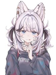 1girl :3 animal_ears bare_shoulders black_shirt blue_eyes chain chain_necklace closed_mouth dog_ears ear_piercing earclip highres jacket jewelry kmnz licking_lips long_sleeves medium_hair multicolored_hair necklace no_name_ver1 piercing pointing pointing_at_self pointing_up shirt simple_background solo streaked_hair sweater tina_(kmnz) tongue tongue_out two_side_up virtual_youtuber white_background white_hair