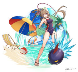 1girl ball beach_chair beachball blue_eyes brown_hair competition_swimsuit dual_wielding flower hair_flower hair_ornament highleg highleg_one-piece_swimsuit highres holding masamune_(monster_strike) monster_strike multicolored_swimsuit one-piece_swimsuit open_mouth parasol ponytail rocket s-masa_7131 solo swimsuit thigh_strap two-tone_swimsuit umbrella water_gun