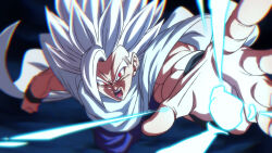 Rule 34 | 1boy, cape, chromatic aberration, commentary request, dragon ball, dragon ball super, dragon ball super super hero, foreshortening, furrowed brow, gohan beast, male focus, muscular, muscular male, open mouth, reaching, reaching towards viewer, red eyes, rom (20), shoulder pads, solo, son gohan, spiked hair, v-shaped eyebrows, white cape, white hair