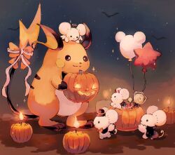 :3 bandages bat_(animal) black_cape black_eyes black_headwear bow candy cape closed_mouth clothed_pokemon demon_horns fire food full_body gen_1_pokemon halloween halo hat highres holding holding_food holding_pumpkin holding_vegetable horns jack-o&#039;-lantern lollipop looking_at_another maushold maushold_(family_of_four) mouse_(animal) night night_sky nintendo no_humans orange_bow outdoors pokemon pokemon_(creature) pumpkin raichu red_horns sky smile sparkle standing star_(sky) star_balloon starry_sky su_(sajo_su5) swirl_lollipop top_hat vegetable