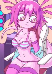 1girl :| artist_name ass ass_shake axolotl axolotl_ears axolotl_girl axolotl_tail bare_shoulders bikini breasts chair closed_mouth colored_skin computer elbow_gloves feet_out_of_frame freckles gaming_chair gloves looking_back medium_breasts navel original paid_reward panties pink_eyes pink_gloves pink_hair pink_skin short_hair socks solo speaker standing striped_bikini striped_clothes striped_socks swimsuit swivel_chair table tail thighs underwear undressing vitzypie