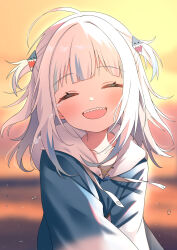 1girl :d ^_^ blue_hair blue_hoodie blurry blurry_background closed_eyes commentary depth_of_field drawstring english_commentary facing_viewer gawr_gura gawr_gura_(1st_costume) hair_ornament highres hololive hololive_english hood hood_down hoodie lokyin_house long_hair multicolored_hair open_mouth outdoors sharp_teeth smile solo streaked_hair sunset tears teeth two_side_up upper_body virtual_youtuber white_hair