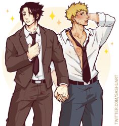 bulge hickey highres holding_hands naruto naruto_(series) necktie sashunya uchiha_sasuke uzumaki_naruto