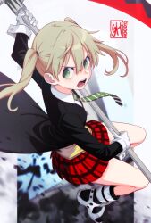 Rule 34 | 1girl, angry, artist logo, black jacket, border, brown hair, collared shirt, commentary, double-parted bangs, floating clothes, from above, from side, full body, gloves, green eyes, green necktie, hair between eyes, highres, holding, holding scythe, jacket, jumping, logo, long bangs, looking at viewer, looking to the side, looking up, maka albarn, medium hair, miniskirt, necktie, outside border, pillarboxed, plaid clothes, plaid skirt, pleated skirt, red skirt, school uniform, scythe, shirt, sideways glance, skaggshood, skirt, solo, soul eater, striped necktie, sweater vest, tongue, turning head, twintails, v-shaped eyebrows, white border, white gloves, white shirt, yellow sweater vest