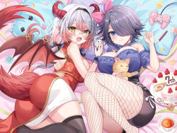 2girls bare_shoulders black_skirt black_thighhighs blue_eyes blue_shirt blush breasts cake cat character_request cleavage controller cup dragon_girl dragon_tail dragon_wings dress fishnet_pantyhose fishnets food frilled_shirt frills game_controller glasses gradient_hair grey_hair hair_over_one_eye hair_ribbon horns large_breasts looking_at_viewer monster_company multicolored_hair multiple_girls open_mouth pantyhose phone pillow pink_ribbon pointy_ears purple_hair red_dress red_hair retsuto ribbon round_eyewear shirt skirt sleeveless sleeveless_shirt smile tail teacup thighhighs wings yellow_eyes