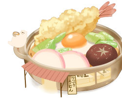 bear chai_(drawingchisanne) commentary egg_(food) fish_cake food food_focus highres holding holding_food kamaboko kitchen mushroom narutomaki no_humans noodles original polar_bear pot ramen restaurant shiitake shrimp shrimp_tempura signature simple_background sitting spring_onion sunny_side_up_egg tempura translation_request white_background