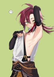 1boy ? absurdres ahoge arm_up armpits bishounen black_gloves blush brown_shorts clothes_pull clothing_cutout cowboy_shot elbow_gloves fingerless_gloves genshin_impact gloves green_background green_eyes hair_between_eyes highres long_hair looking_at_viewer male_focus nipples omiyacha parted_bangs ponytail red_hair shikanoin_heizou shirt shirt_pull shorts side_cutout simple_background solo spoken_question_mark white_shirt