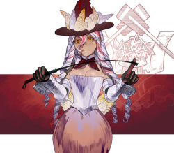 Rule 34 | 1girl, armor, breasts, bubble skirt, cleavage, corset, dark-skinned female, dark skin, detached collar, drill hair, gauntlets, gloves, hair between eyes, hat, holding, holding riding crop, long hair, multicolored hair, neckerchief, orange hair, parted lips, pink hair, pixiv fantasia, pixiv fantasia t, pointy ears, psyche (arcadia), riding crop, ringlets, skirt, sleeve cuffs, solo, two-tone hair, white hair, winged hat, witch hat