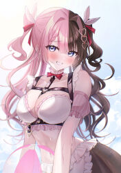 1girl absurdres apron ball beachball between_breasts bikini bikini_top_only black_hair black_skirt blue_eyes blush braid braided_bangs breasts brown_nails chest_harness commentary_request detached_sleeves frilled_apron frills grin hair_ornament hair_ribbon harness heart heart_hair_ornament heart_o-ring highres holding holding_ball holding_beachball large_breasts long_hair looking_at_viewer midriff multicolored_hair navel neko_neneko o-ring o-ring_harness pink_hair pink_sleeves puffy_detached_sleeves puffy_short_sleeves puffy_sleeves ribbon short_sleeves skirt smile solo split-color_hair strap_between_breasts swimsuit tachibana_hinano tachibana_hinano_(vspo!_summer_2024) two-tone_hair two_side_up virtual_youtuber vspo! waist_apron white_bikini