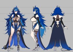 Rule 34 | 1girl, absurdres, ahoge, armored boots, ball and chain restraint, black bridal gauntlets, blue cape, blue hair, blue nails, blue wings, boots, breasts, bridal gauntlets, broken horn, brown eyes, cape, chain, closed mouth, collar, cuffs, feathered wings, fur trim, hair between eyes, halo, hand on own hip, highres, hominamia, horns, indie virtual youtuber, leotard, low wings, metal collar, mole, mole on breast, multiple views, oumiya emma, oumiya emma (2.0), pelvic curtain, pointy ears, second-party source, see-through clothes, see-through leotard, showgirl skirt, sideboob, single thigh boot, single thighhigh, smile, thigh boots, thighhighs, tiara, torn clothes, torn leotard, virtual youtuber, white background, wings