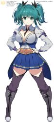 Rule 34 | 1girl, aqua hair, assault lily, belt, between breasts, black necktie, black ribbon, blush, breasts, brown belt, character name, character profile, closed mouth, collared shirt, full body, hair between eyes, hair ribbon, highres, long sleeves, looking at viewer, medium hair, nauribon, neckerchief, necktie, necktie between breasts, odaiba girls high school uniform, pleated skirt, purple neckerchief, ribbon, school uniform, shirt, short necktie, skirt, sleeve bow, sleeve ribbon, smile, suzuki chinami, tareme, twintails, waist cape, white shirt