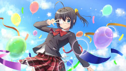 Rule 34 | 1girl, ahoge, balloon, black hair, blue eyes, blush, bow, chuunibyou demo koi ga shitai!, cloud, day, eyepatch, hair ribbon, hand up, highres, icho private high school uniform, long sleeves, looking at viewer, medical eyepatch, one side up, plaid clothes, plaid skirt, ribbon, school uniform, shikkoku no hono mikado, short hair, skirt, smile, solo, takanashi rikka, thighhighs, w
