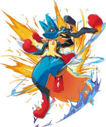 aura black_fur blue_fur clenched_hands dog full_body gen_4_pokemon lucario mega_lucario mega_pokemon multicolored_fur nintendo official_art pokemon pokemon_(creature) red_eyes simple_background solo spikes transparent_background yellow_fur