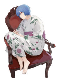 1girl absurdres ayanami_rei barefoot blue_hair blue_nails bob_cut chair feet floral_print floral_print_kimono hair_between_eyes hao_cai highres japanese_clothes kimono nail_polish neon_genesis_evangelion on_chair print_kimono red_eyes sitting_sideways solo toenail_polish toenails white_background white_kimono