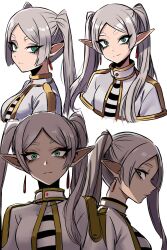 1girl ai-assisted bags_under_eyes black_eyeliner black_eyeshadow capelet closed_mouth commentary cut_bangs dress earrings elf expressionless eyelashes eyeliner eyeshadow floating_earring frieren frown green_eyes grey_hair highres jewelry light_smile long_hair looking_at_viewer looking_to_the_side makeup nagainegi parted_bangs pointy_ears scowl simple_background smile solo sousou_no_frieren twintails white_hair