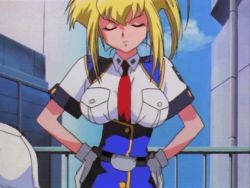 1990s_(style) 1girl angry animated animated_gif bent_over between_breasts blonde_hair blue_hair bouncing_breasts breasts burn-up burn-up_excess close-up female_focus gloves jiggle kinezono_rio large_breasts long_hair looking_at_viewer necktie necktie_between_breasts pointing police police_uniform policewoman ponytail pov retro_artstyle short_hair solo talking third-party_edit white_gloves