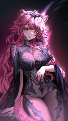 1girl animal_ear_fluff animal_ears black_background black_dress blush breasts chronopattern_dress cowboy_shot dress gradient_background highres hololive hololive_english large_breasts long_hair miraymoon panther_ears panther_girl panther_tail pink_background pink_hair pink_tail raora_panthera simple_background solo tail tiara virtual_youtuber yellow_eyes