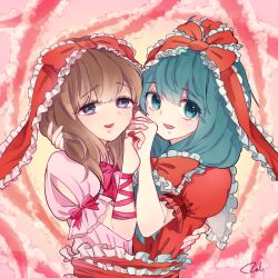 Rule 34 | 2girls, arm ribbon, bound together, bow, brown hair, dress, frilled ribbon, frills, front ponytail, green eyes, green hair, idolmaster, idolmaster cinderella girls, kagiyama hina, looking at viewer, multiple girls, puffy short sleeves, puffy sleeves, rakend, red bow, red dress, red ribbon, ribbon, sakuma mayu, short sleeves, touhou, upper body, yuri