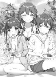 Rule 34 | 1boy, 2girls, barefoot, bikini, blush, breasts, brother and sister, brother and step-sister, chopsticks, cleavage, collarbone, commentary request, greyscale, grin, hand on another&#039;s shoulder, highres, holding, holding chopsticks, holding plate, irido mizuto, irido yume, jacket, large breasts, long hair, looking at viewer, mamahaha no tsurego ga moto kano datta, medium breasts, monochrome, multiple girls, navel, novel illustration, official art, open clothes, open jacket, open mouth, outdoors, plate, second-party source, short hair, shorts, siblings, sitting, smile, step-brother and step-sister, step-siblings, sweat, swimsuit, takayaki