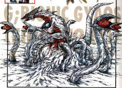 artist_request bionic_gyaos concept_art daiei_digital_entertainment daiei_film english_text gamera_(series) gamera_2000 giant giant_monster gyaos kaiju monster no_humans no_pupils official_art surveyor_corp. tentacles tusks virgin_interactive