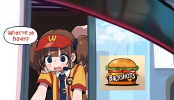 1boy 1girl ai-assisted black_eyes blush brittle brown_hair car_interior drive-thru employee_uniform english_text headset imadake_dabuchi_tabemi mcdonald&#039;s microphone necktie shirt short_sleeves short_twintails speech_bubble sweat twintails visor_cap
