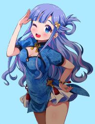 1girl asari_nanami bead_bracelet beads blue_background blue_dress blue_eyes blue_hair blue_nails blush bracelet breasts china_dress chinese_clothes cleavage cleavage_cutout clothing_cutout cowboy_shot dot_nose dress hair_ornament hair_rings hand_on_own_hip hand_up highres idolmaster idolmaster_cinderella_girls idolmaster_cinderella_girls_starlight_stage jewelry long_hair looking_at_viewer medium_breasts michii_yuuki miniskirt nail_polish one_eye_closed open_mouth salute seahorse_hair_ornament short_sleeves simple_background skirt smile solo very_long_hair white_skirt