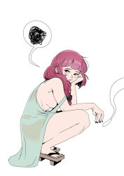 1girl areola_slip bare_arms black_bow black_nails blunt_bangs blush bocchi_the_rock! bow braid breasts cigarette commentary dress feet geta hair_bow hair_over_shoulder hashtag-only_commentary highres hiroi_kikuri holding holding_cigarette long_hair looking_at_viewer medium_breasts nail_polish no_bra parted_lips purple_eyes purple_hair qwetzo sidelocks simple_background single_braid sleeveless sleeveless_dress smoking solo speech_bubble spoken_squiggle squatting squiggle toenail_polish toenails toes white_background