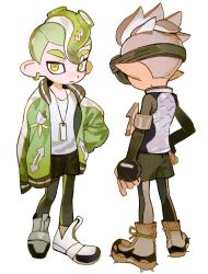 2boys arm_at_side bakori514_(h_akka) black_shorts boots closed_mouth from_behind full_body green_hair green_jacket grey_hair grey_shorts hand_on_own_hip highres jacket jewelry leggings_under_shorts light_frown looking_at_viewer male_focus multiple_boys necklace nintendo octoling octoling_boy octoling_player_character open_clothes open_jacket pendant shoes shorts side-by-side simple_background spiked_boots splatoon_(series) standing standing_on_one_leg tank_top white_background white_shoes white_tank_top