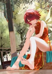 1girl absurdres alternate_costume arknights bare_arms bare_legs bare_shoulders barefoot blush china_dress chinese_clothes chinese_commentary closed_mouth commentary_request day detached_wings dress exusiai_(arknights) feet full_body hair_over_one_eye halo head_rest highres looking_at_viewer one_eye_covered orange_dress orange_eyes red_hair reflection reflective_floor revision short_hair side_slit sitting sleeveless sleeveless_dress smile soles solo sui_wo_qing_shan_qu toenails toes traditional_halo white_halo wings
