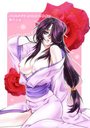 00s 10s 1girl 2012 arm_behind_head artist_request bare_shoulders basilisk_(manga) black_hair blue_eyes breasts collarbone dated expressionless eyelashes female_focus flower hair_over_one_eye hair_tie head_tilt hip_focus japanese_clothes kagerou_(basilisk) kimono legs lips lipstick long_hair long_image long_sleeves looking_at_viewer makeup nipples no_bra off_shoulder open_clothes pale_skin parted_lips red_flower red_rose rose sash sitting solo text_focus thighs traditional_clothes wariza white_background wide_sleeves