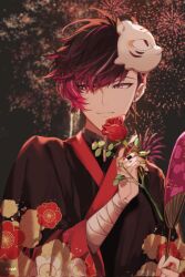 1boy aerial_fireworks alternate_costume bandaged_arm bandages black_hair black_kimono closed_mouth ewa_(yion_yu94148) fireworks flower gradient_hair hand_fan highres holding holding_fan holding_flower japanese_clothes kimono long_sleeves looking_to_the_side male_focus mask mask_on_head multicolored_hair nijisanji nijisanji_en pink_eyes purple_hair red_flower red_rose rose short_hair sideways_glance smile solo summer_festival upper_body ver_vermillion villion_(ver_vermillion) virtual_youtuber wide_sleeves