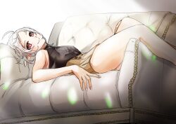 1girl absurdres bare_shoulders black_shirt brown_shorts closed_mouth commentary couch elf ell_ura english_commentary feet_out_of_frame highres looking_at_viewer lying mushoku_tensei on_back on_couch pointy_ears red_eyes shirt short_hair shorts sleeveless sleeveless_shirt smile sylphiette_(mushoku_tensei) thighs white_hair