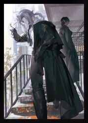 2boys arm_up aymeric_de_borel black_background black_coat black_hair black_necktie black_pants building chinese_commentary coat coat_on_shoulders collared_shirt commentary_request contemporary elezen elf estinien_varlineau final_fantasy final_fantasy_xiv gun hair_intakes handgun hands_in_pockets hangleing highres looking_at_viewer male_focus multiple_boys necktie pants parted_lips plant pointy_ears ponytail railing shirt sleeves_past_wrists stairs weapon white_hair white_shirt