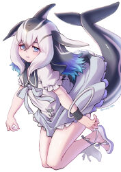 1girl ballet_slippers blowhole blue_eyes blue_hair blush bow bowtie cetacean_tail dolphin_girl dorsal_fin dress fins fish_tail footwear_ribbon frilled_dress frilled_sleeves frills full_body grey_bow grey_bowtie grey_dress grey_hair grey_shoes hair_between_eyes head_fins highres kemono_friends kosai_takayuki long_hair looking_at_viewer multicolored_hair multicolored_shoes pacific_white-sided_dolphin_(kemono_friends) puffy_short_sleeves puffy_sleeves sailor_collar sailor_shirt shirt shoes short_sleeves shorts sidelocks solo tail two-tone_dress two-tone_shoes white_dress white_hair white_shorts