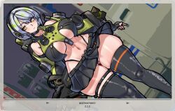 1girl absurdres anby_demara backpack bag bare_shoulders belt black_choker black_gloves black_jacket black_panties black_skirt black_thighhighs braid breasts choker closed_mouth collarbone crop_top crop_top_overhang cropped detached_sleeves dutch_angle fingerless_gloves full_body gloves green_jacket grey_hair headphones highleg highleg_panties highres holding holding_sword holding_weapon jacket large_breasts long_sleeves looking_to_the_side midriff miniskirt mold_(pixiv6616319) multicolored_jacket navel orange_eyes outdoors panties pleated_skirt revealing_clothes short_hair side_braid skindentation skirt solo standing sword thick_thighs thigh_strap thighhighs thighs two-tone_jacket underwear weapon zenless_zone_zero